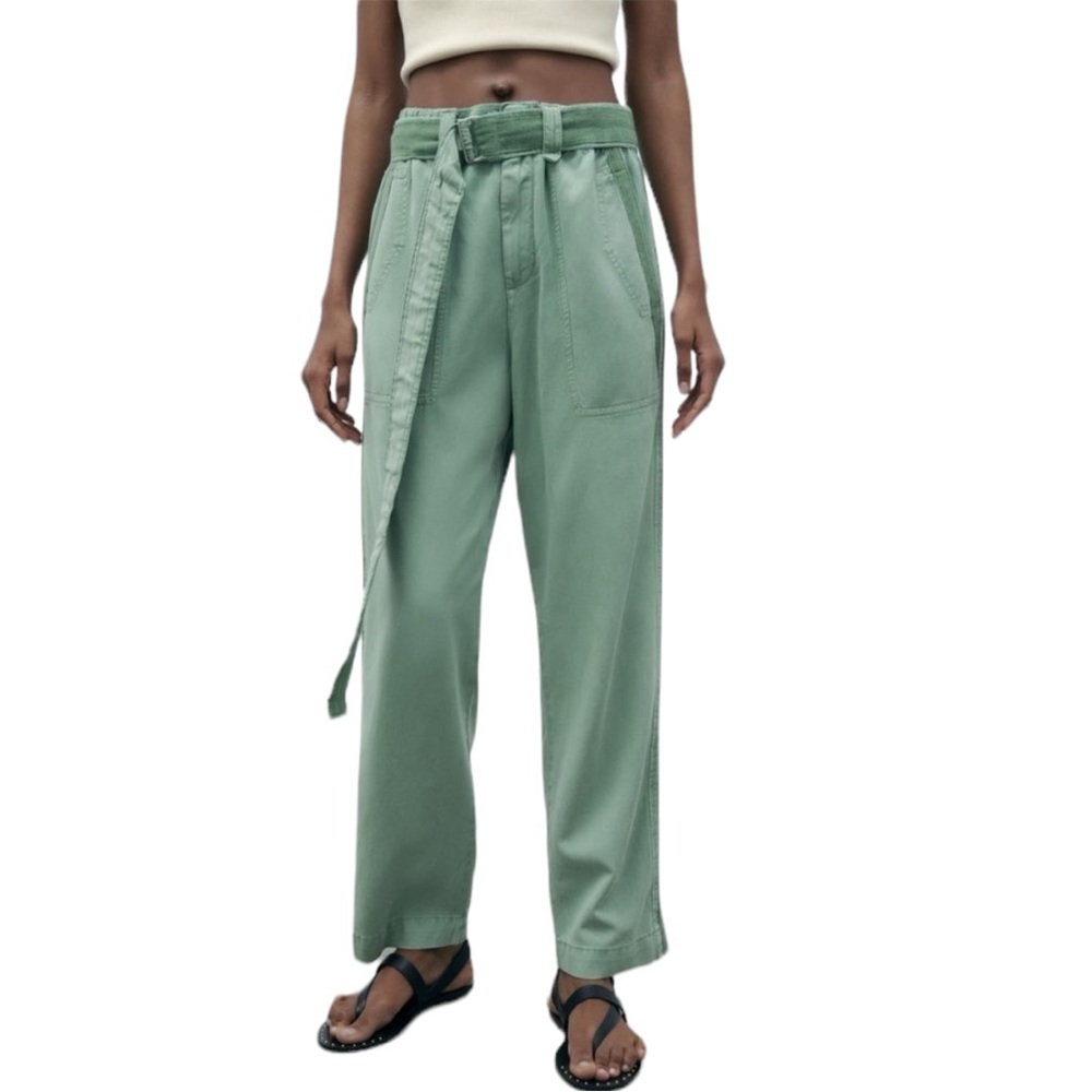 ZARA HIGH-RISE GREEN  PANTS WITH CONTRASTING BELT  SIZE L NWT
